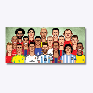World of Football wall art featuring legendary football players caricature by Prasad Bhat