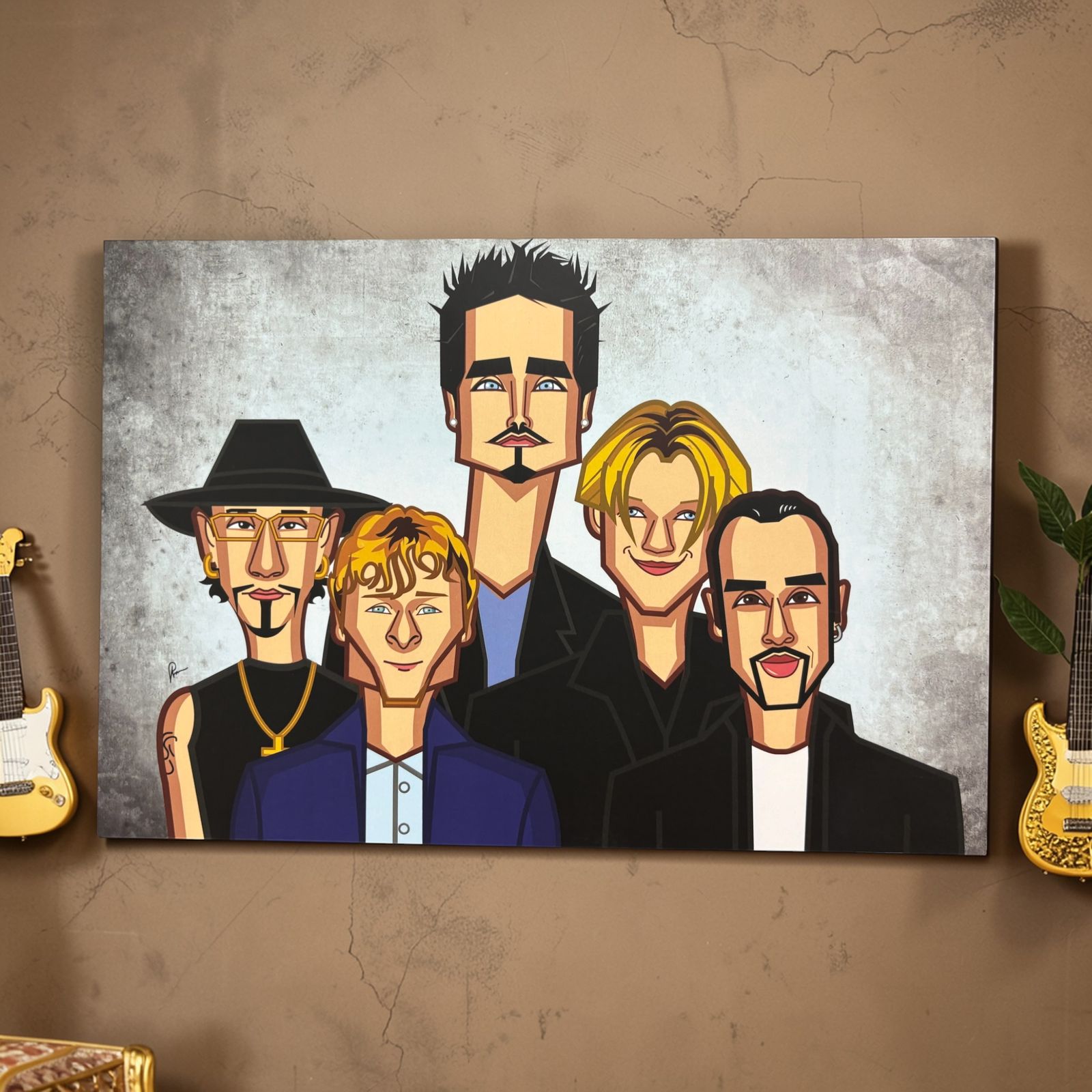 Backstreet Boys tribute wall art featuring the legendary 90s pop band in a detailed illustration by Prasad Bhat.