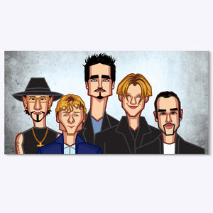 Backstreet Tribute wall art featuring the iconic Backstreet Boys in a vibrant illustration by Prasad Bhat, celebrating the band that defined 90s pop music and love songs.