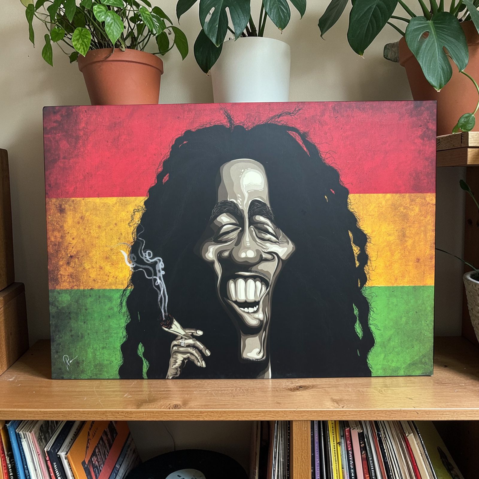 Close up of Bob Marley caricature artwork reggae portrait wall art