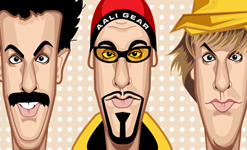 Colorful Sacha Baron Cohen caricature wall decor inspired by Borat and The Dictator.