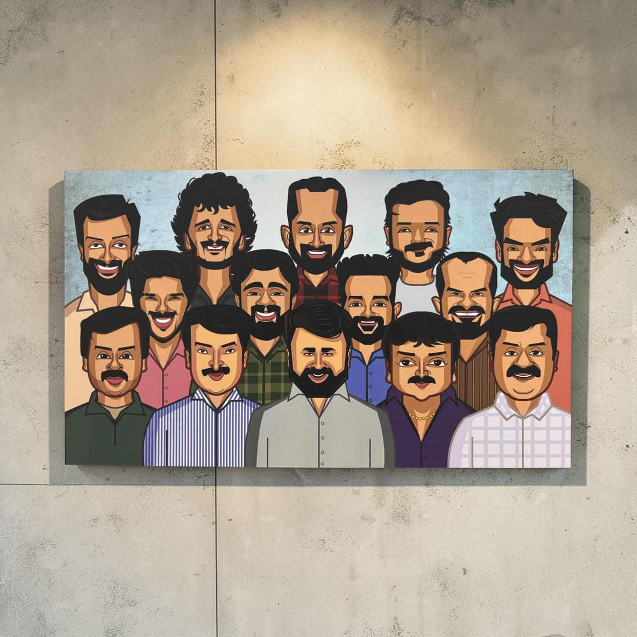 Kerala cinema icons caricature poster colorful Malayalam wall art