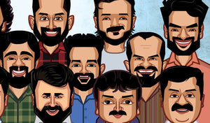 Malayalam movie legends pop art wall decor colorful caricature artwork featuring iconic actors