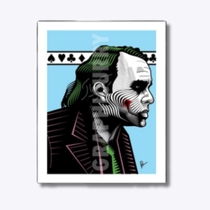 Dark Knight Joker wall art illustrated by Prasad Bhat in a vibrant vintage stamp style