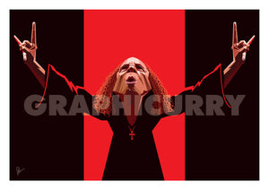 Ronnie James Dio artwork in red and black