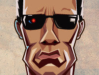 Evolution of Arnold Schwarzenegger poster featuring iconic action movie characters in caricature artwork