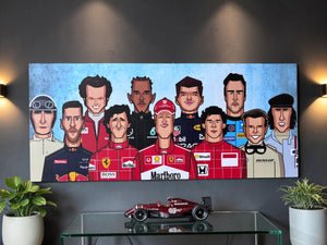 Exclusive Formula 1 caricature artwork inspired by racing history.