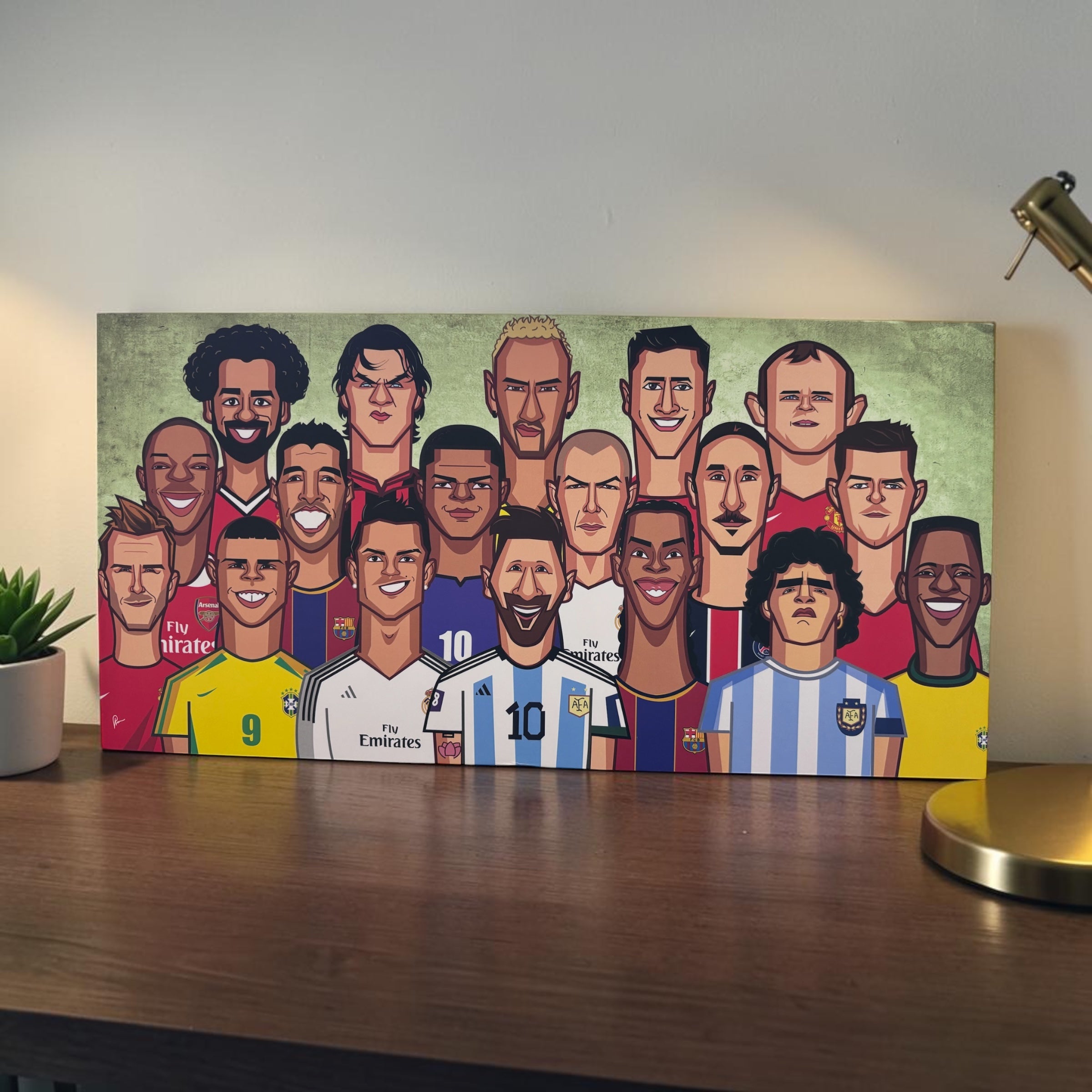 Football GOATs caricature wall art showcasing iconic soccer legends