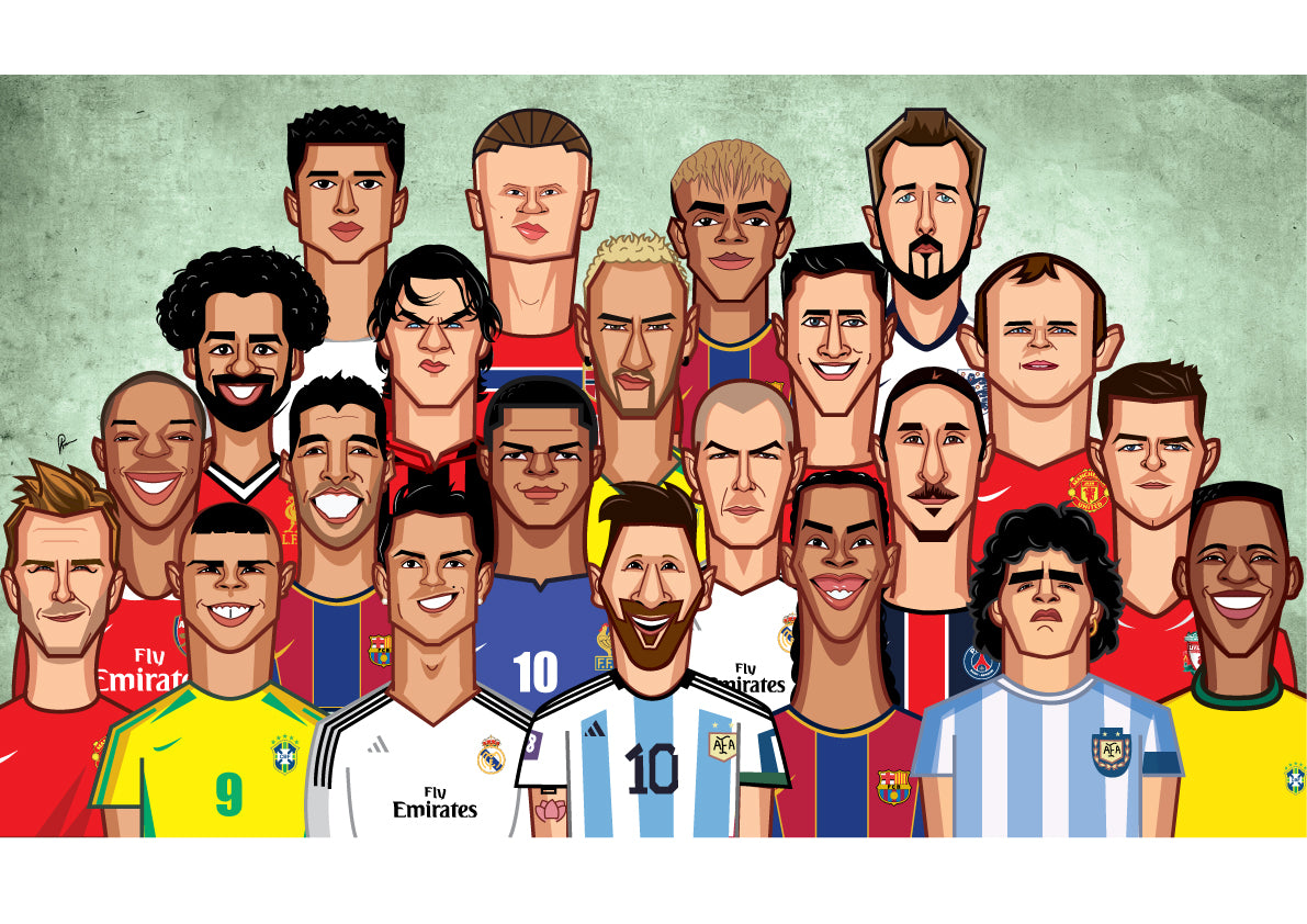 Premium football legends wall art illustrated in Graphicurry's signature caricature style.