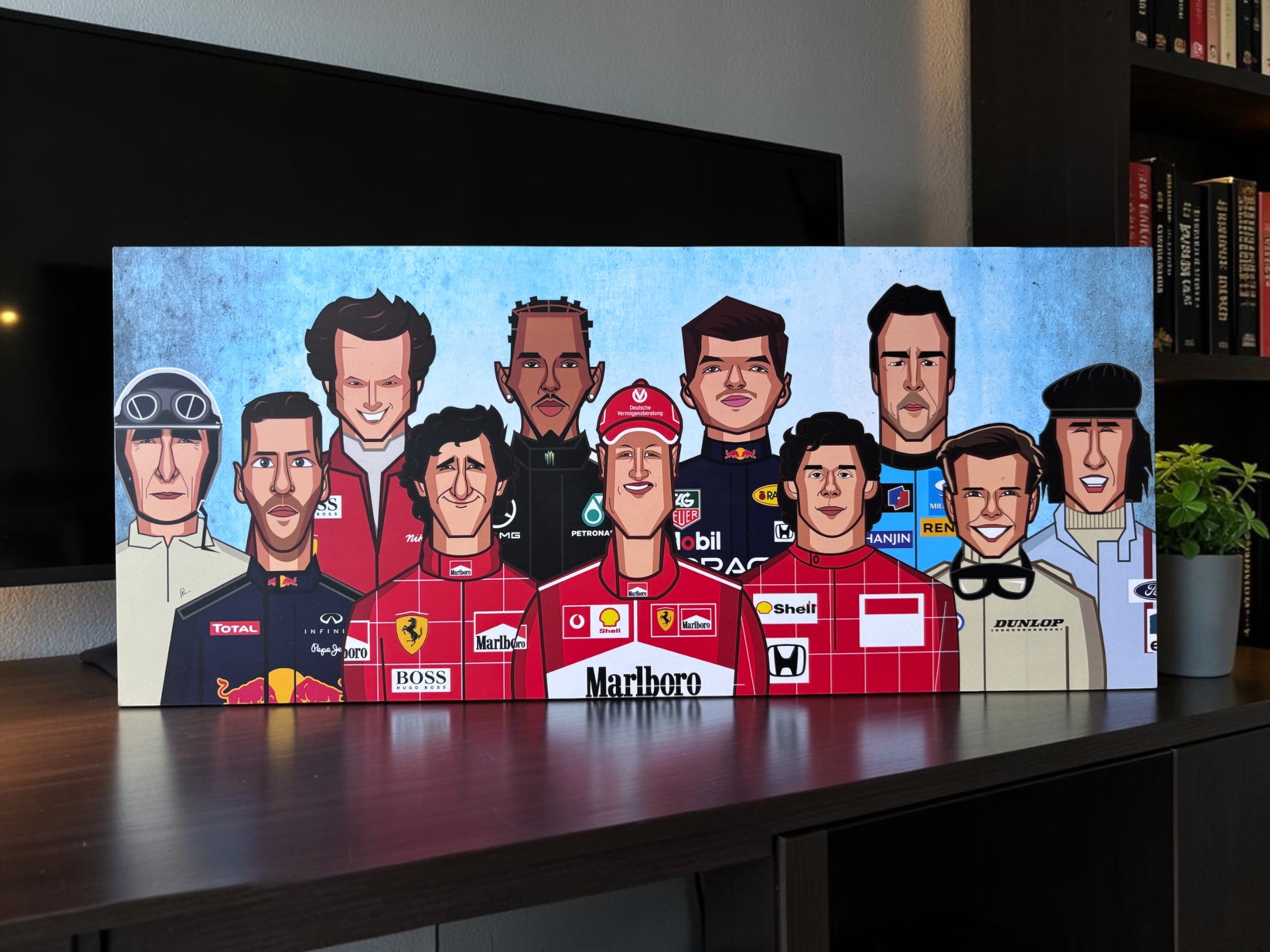 F1 legends wall decor featuring iconic motorsport champions.