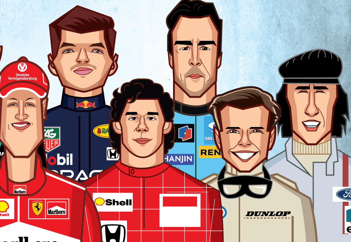 Formula One legends illustrated in Graphicurry's signature caricature style.