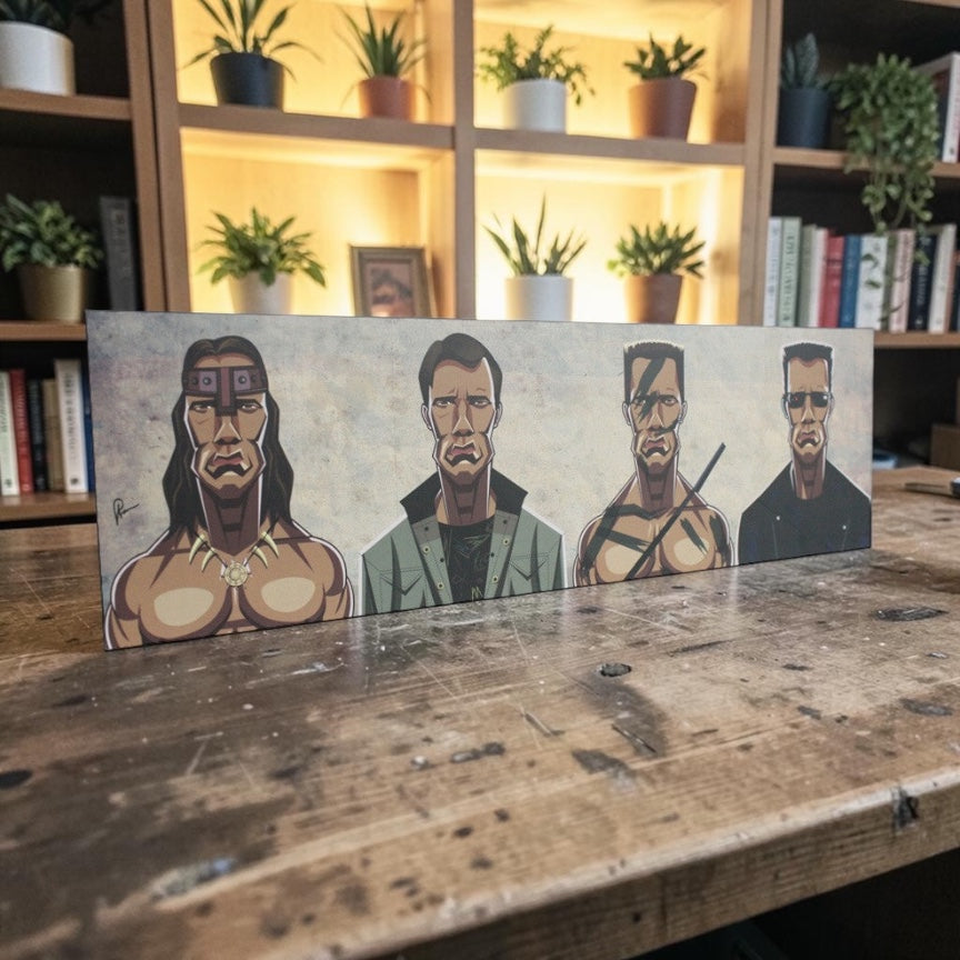 Arnold Schwarzenegger tribute wall art showcasing Terminator, Conan and Commando avatars