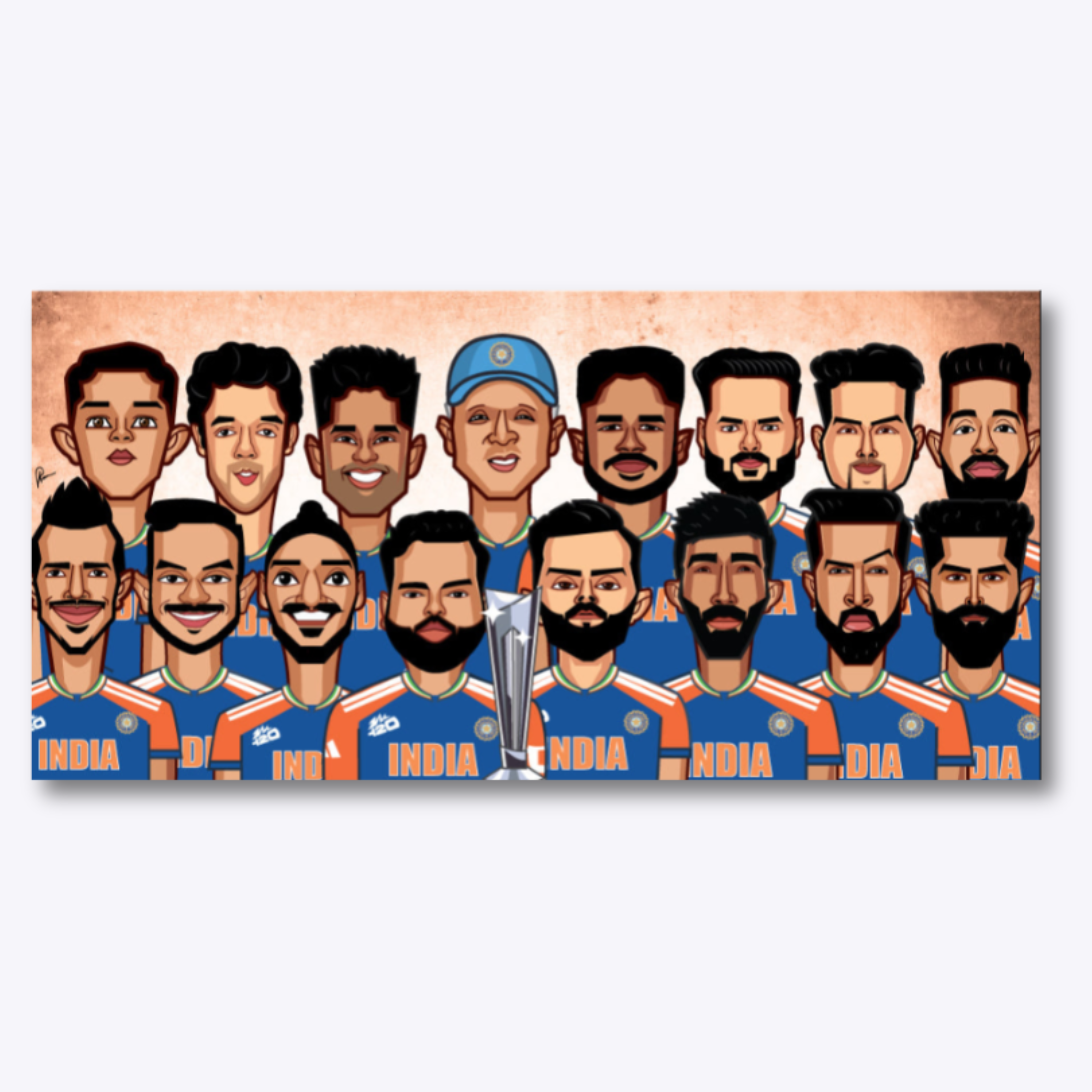 India T20 World Cup Gold Edition team portrait wall art featuring 16 champions and coach by Prasad Bhat