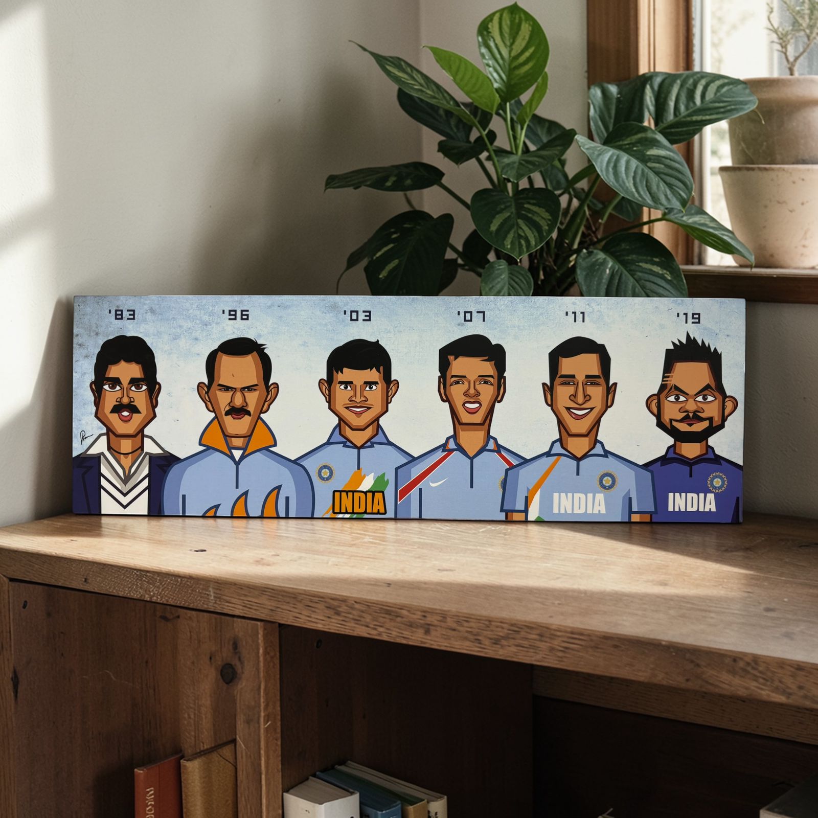 Close-up of Indian cricket World Cup captains caricature artwork showing detailed illustration style