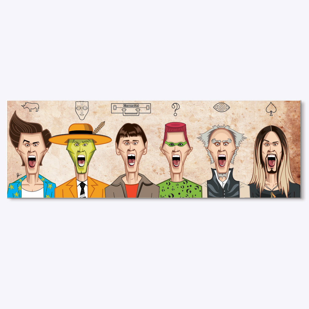 Jim Carrey caricature wall art featuring iconic movie roles