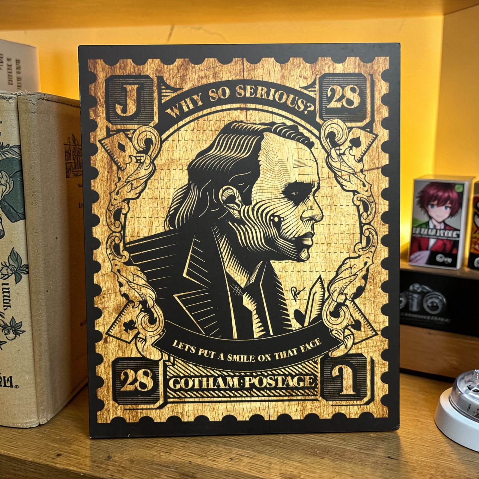 Joker-inspired wall art created in a vintage engraving and woodcut illustration style