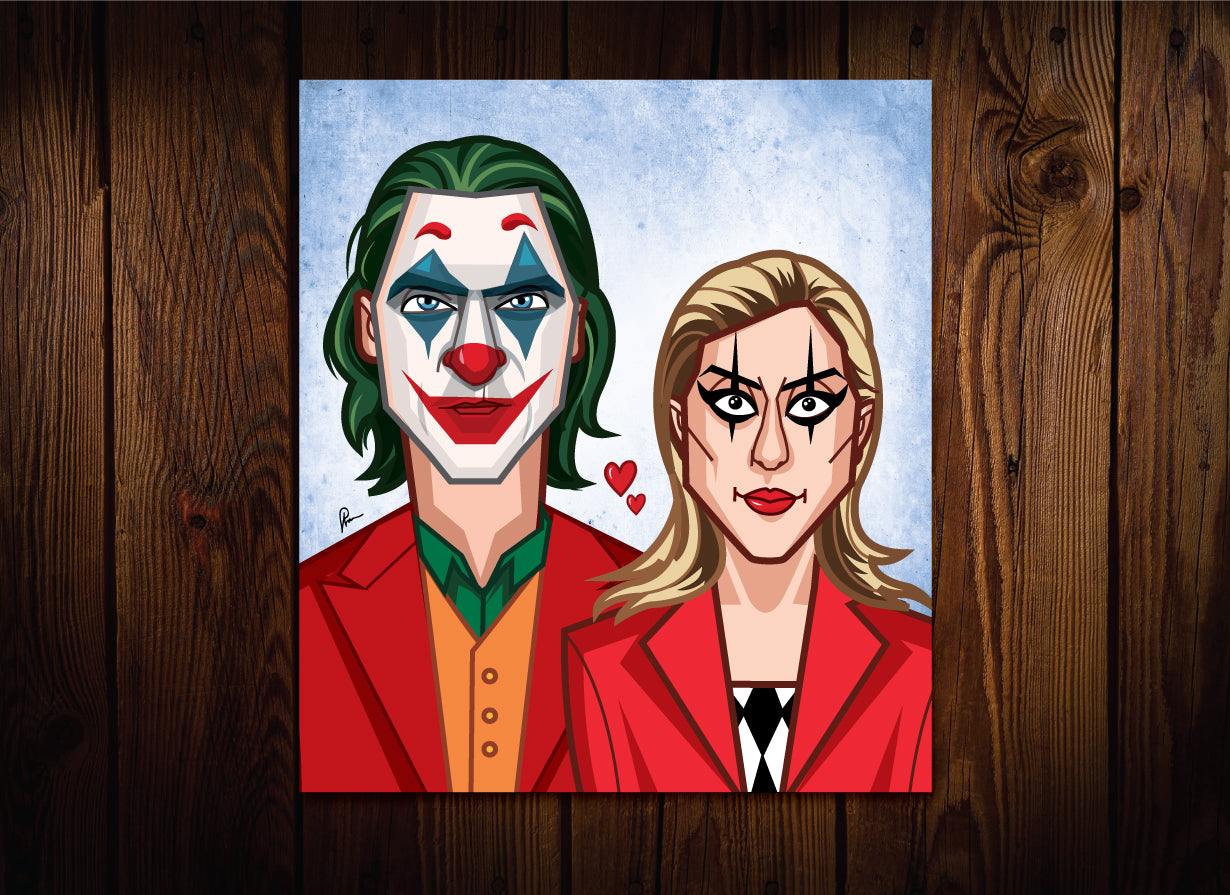 Hand-drawn Joker and Harley Quinn caricature art print illustrated by Prasad Bhat