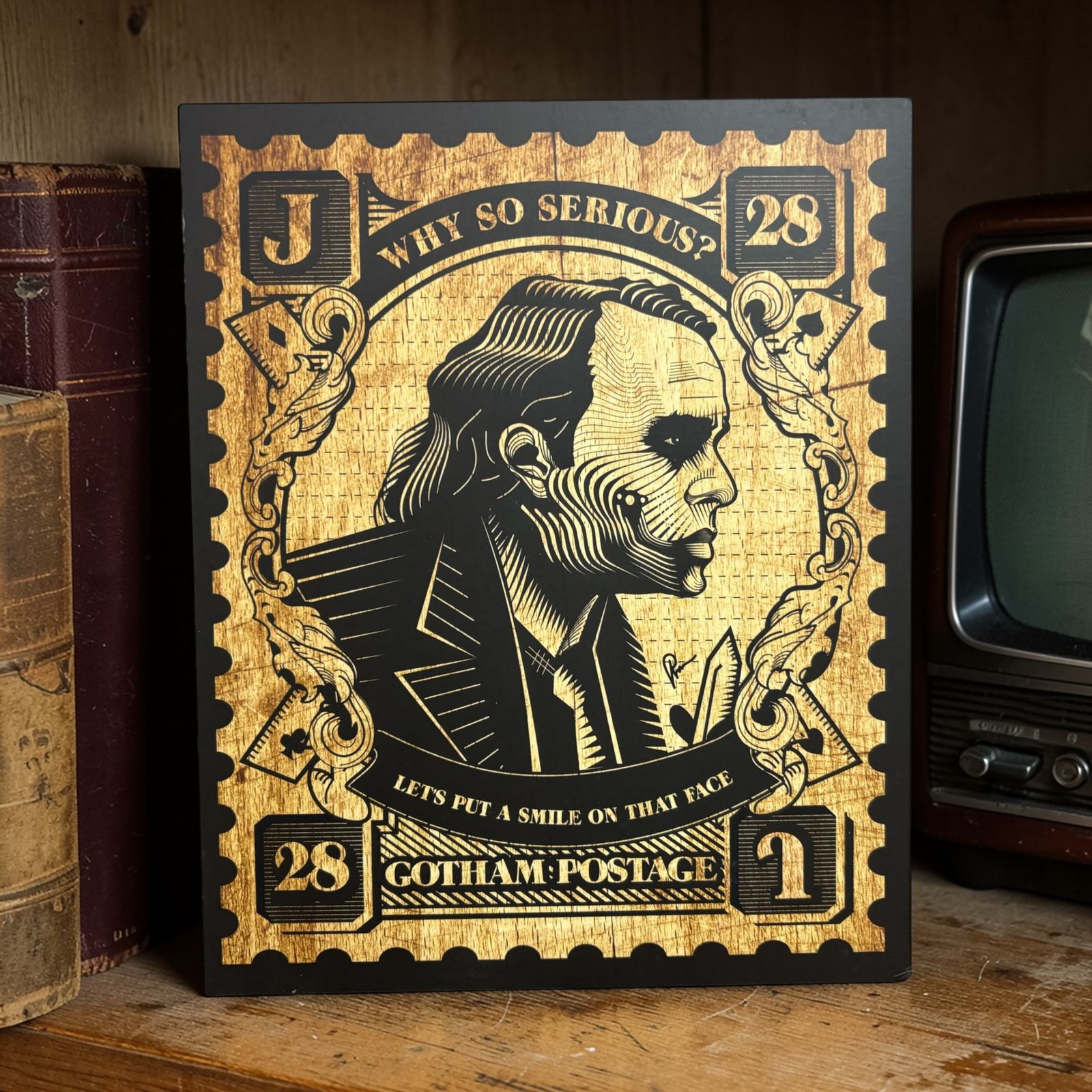 Stamp-style villain artwork with intricate hand-drawn engraving details