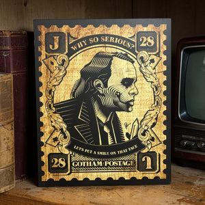 Stamp-style villain artwork with intricate hand-drawn engraving details