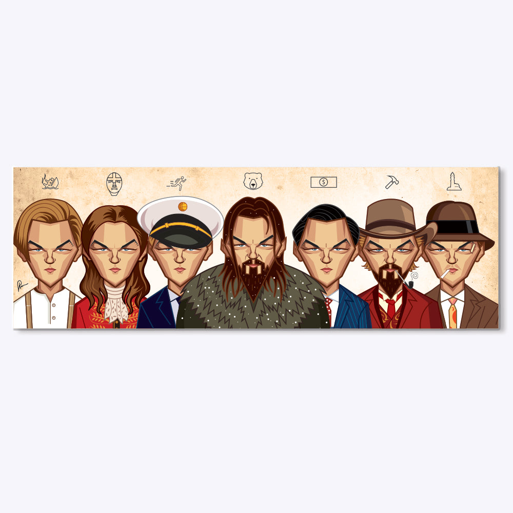 Leonardo DiCaprio wall art featuring iconic movie roles collage by Prasad Bhat Graphicurry
