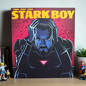 Pop culture laminate wall art inspired by Tony Stark and The Weeknd crossover concept