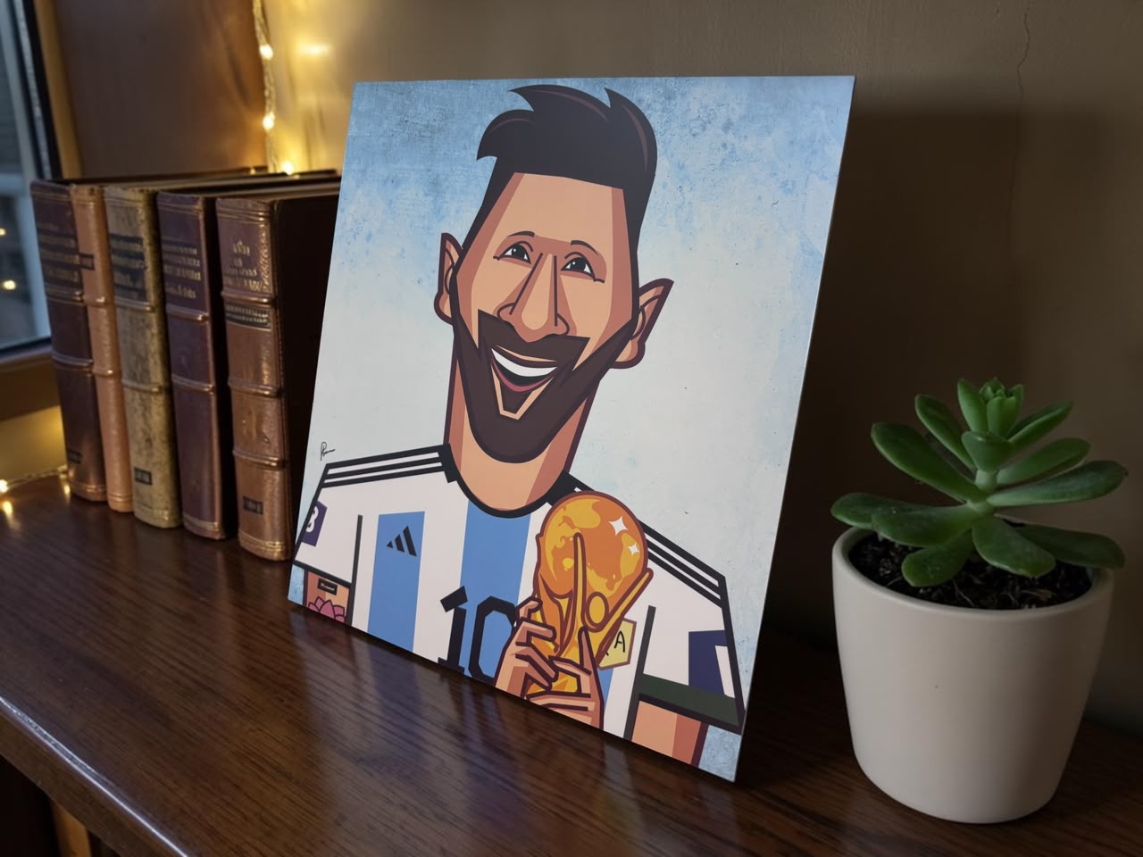 Artistic illustration of Lionel Messi with the FIFA World Cup trophy, ideal for football fans and modern home décor.