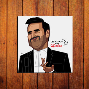 Hand-drawn Mishra Ji caricature wall art illustrated by Prasad Bhat