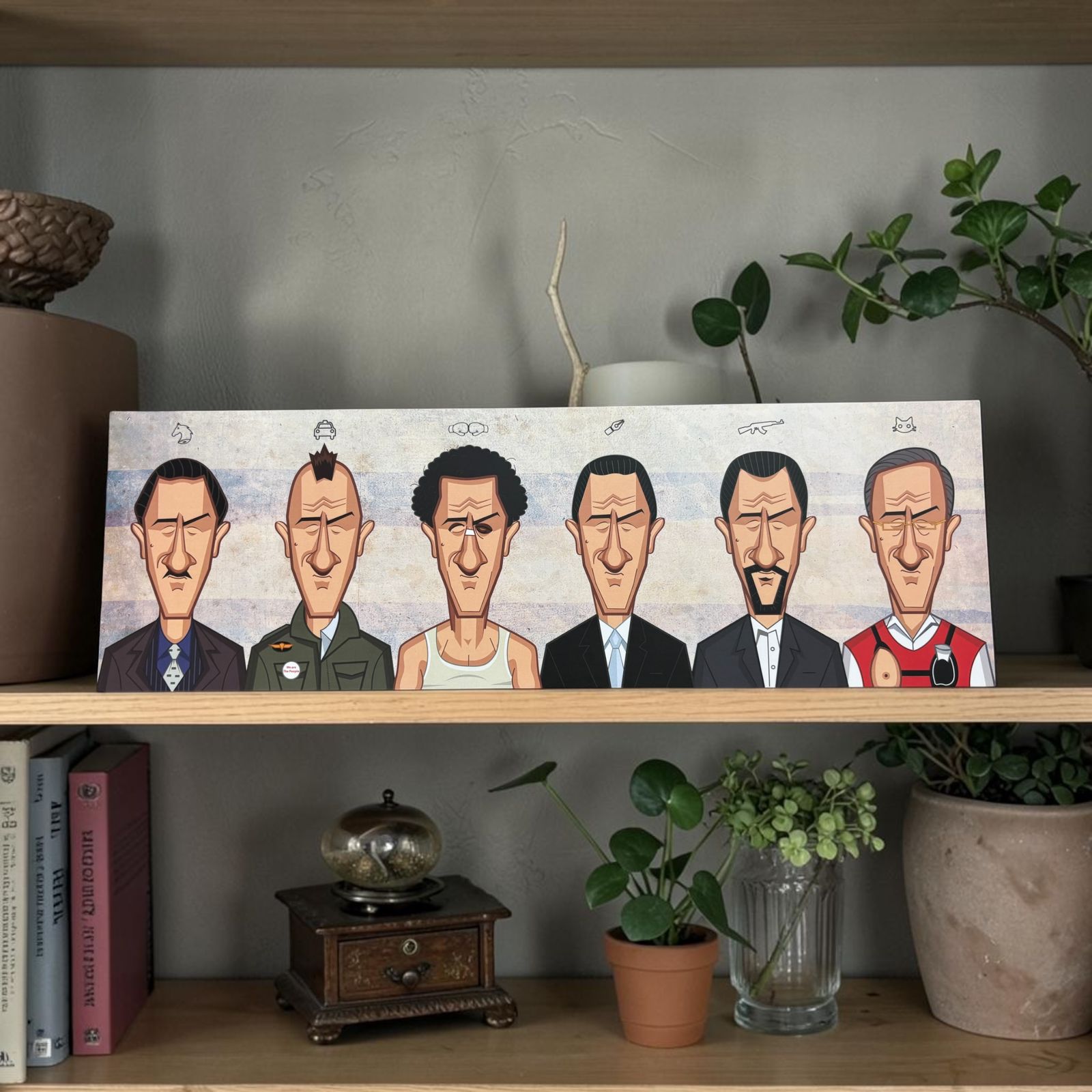Graphicurry caricature artwork showcasing the evolution of Robert De Niro's film career