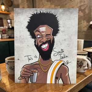 Quirky South India themed wall art with vibrant caricature style design