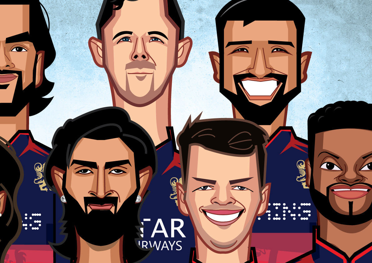 Limited edition RCB champions caricature poster by Graphicurry