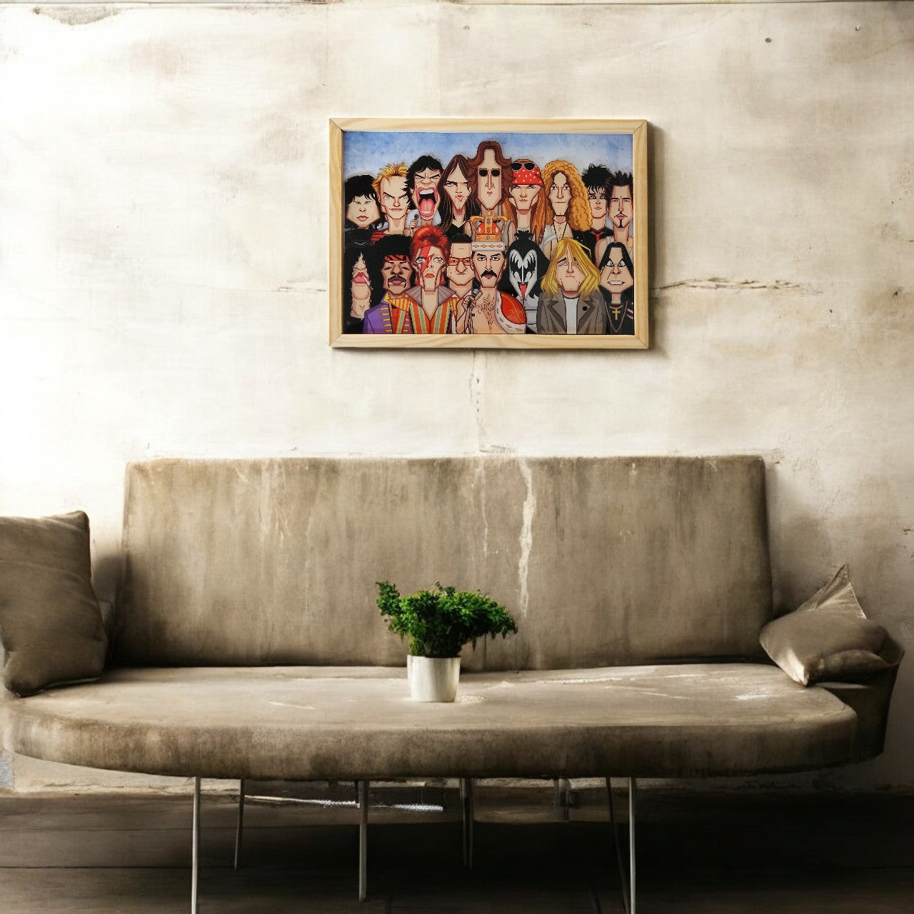 World of Rock acrylic frame wall art featuring legendary rock musicians in vibrant caricature style