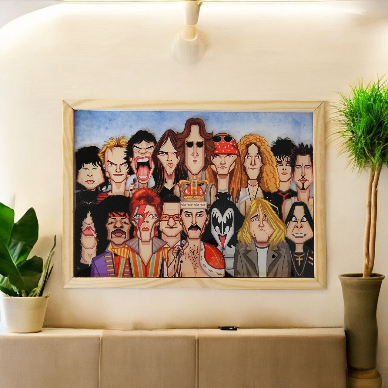 Rock legends wall art with iconic musicians in bold illustration style