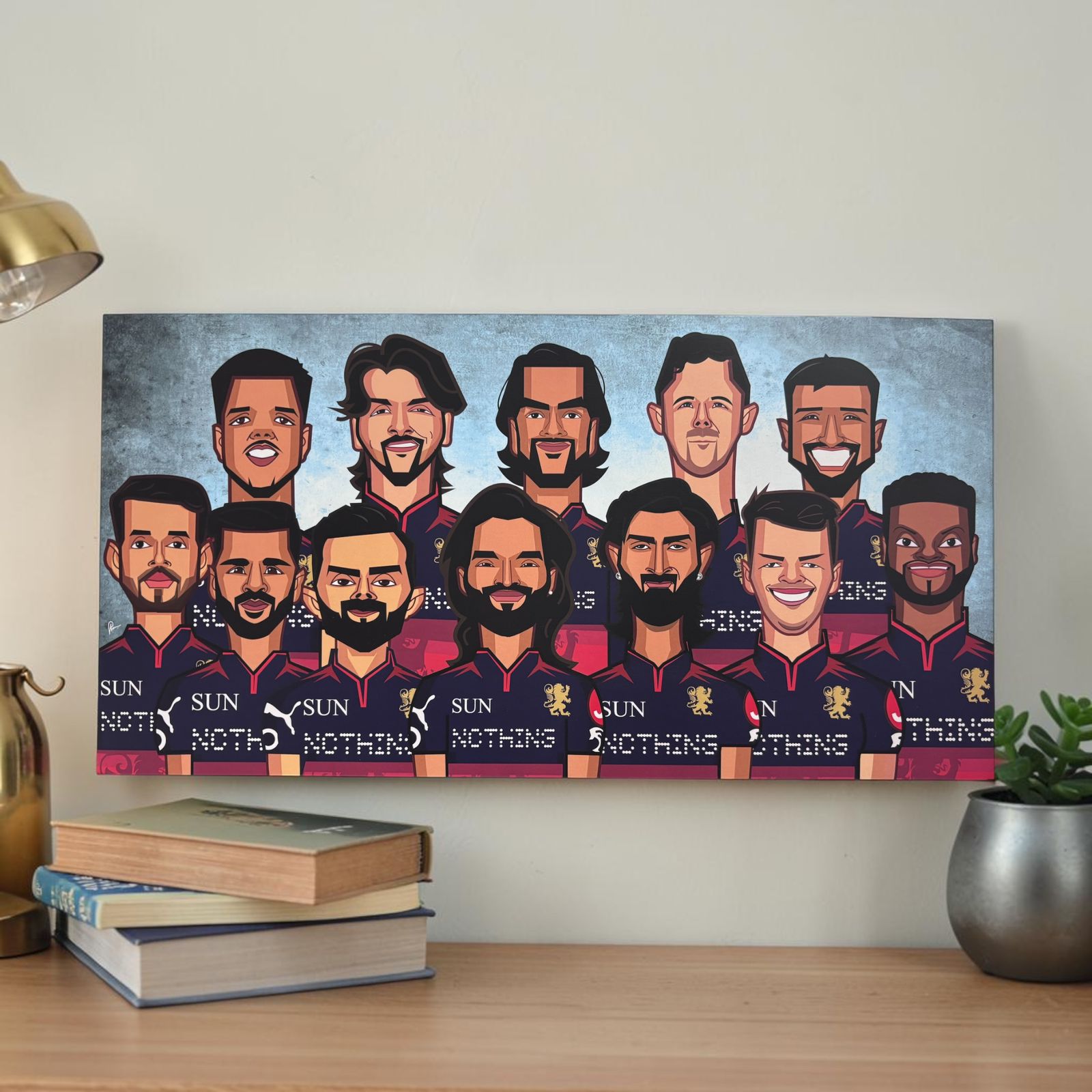 Royal Challengers 2026 Champions wall art featuring RCB squad caricature by Graphicurry