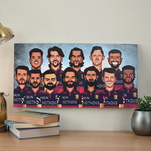 Royal Challengers 2026 Champions wall art featuring RCB squad caricature by Graphicurry