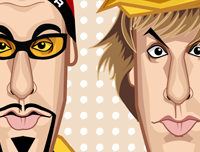 Sacha Baron Cohen caricature wall art featuring inspirations from Borat and Ali G in Graphicurry's signature illustration style.