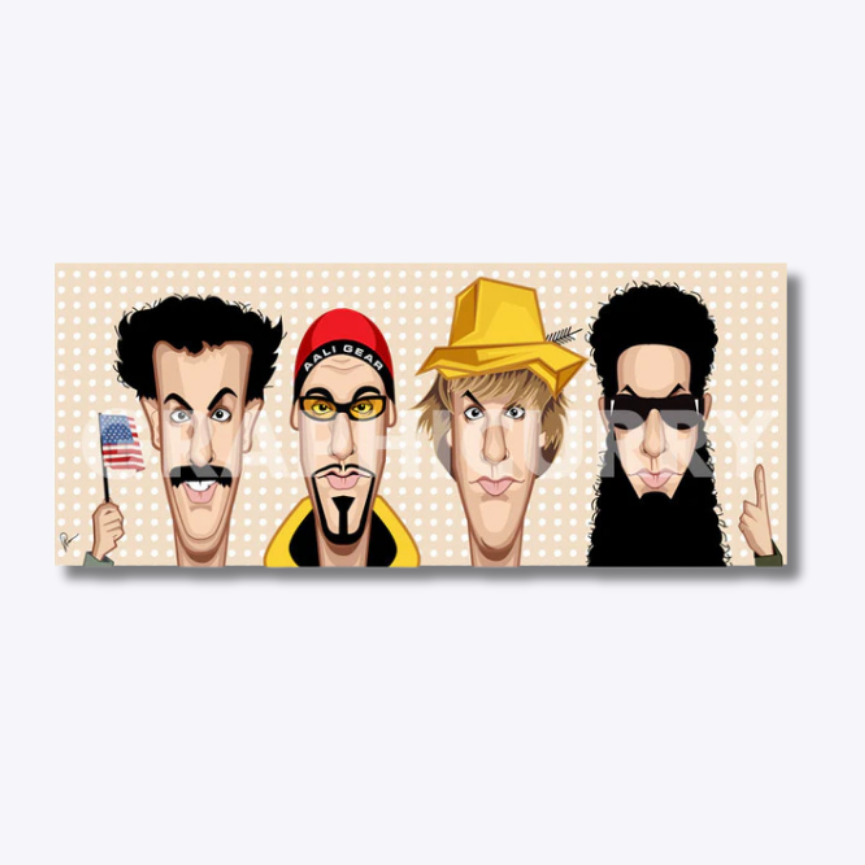 Sacha Baron Cohen wall art featuring his iconic comedy characters in Graphicurry caricature style.