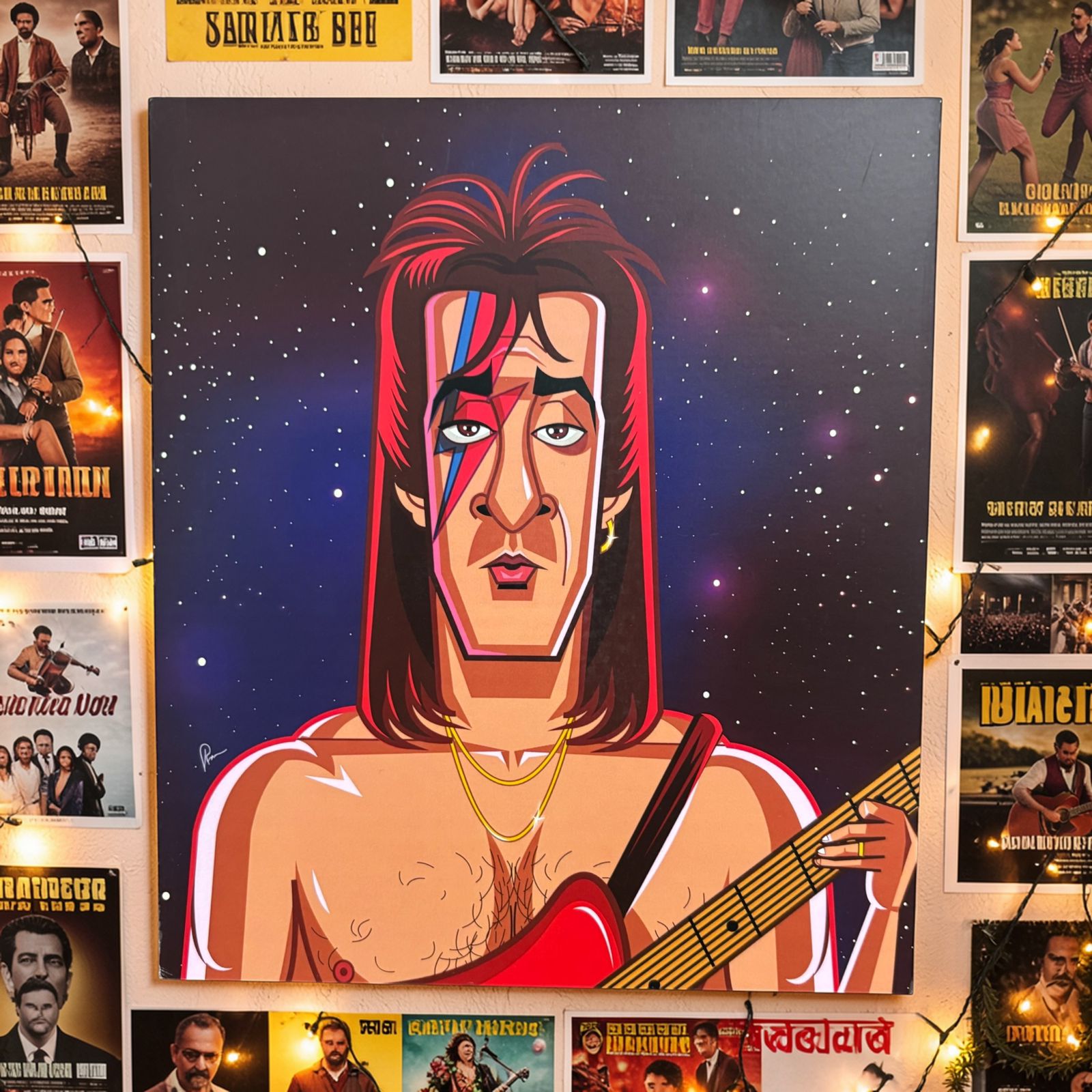 Bowie-inspired Sanjay Dutt wall decor designed by Prasad Bhat showcasing bold colors and artistic expression.