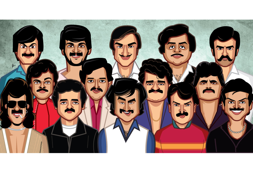 South Indian Legends Tribute wall art featuring Rajinikanth Kamal Haasan and cinema icons