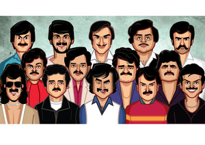 South Indian Legends Tribute wall art featuring Rajinikanth Kamal Haasan and cinema icons