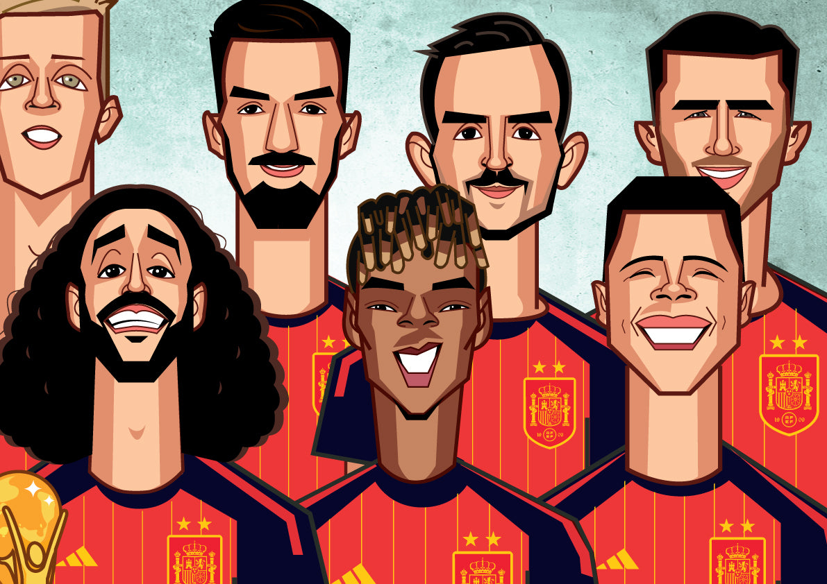 Spain national football team caricature celebrating FIFA World Cup 2026 victory.