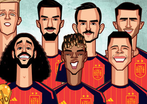 Spain national football team caricature celebrating FIFA World Cup 2026 victory.