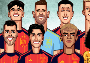 Spain football team World Cup 2026 winners illustrated caricature artwork.
