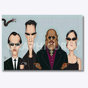 The Matrix Wall Art by Graphicurry featuring Neo, Trinity, Morpheus, and Agent Smith