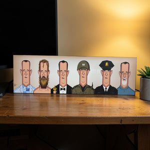 Evolution of Tom Hanks wall art featuring iconic movie roles illustrated by Prasad Bhat