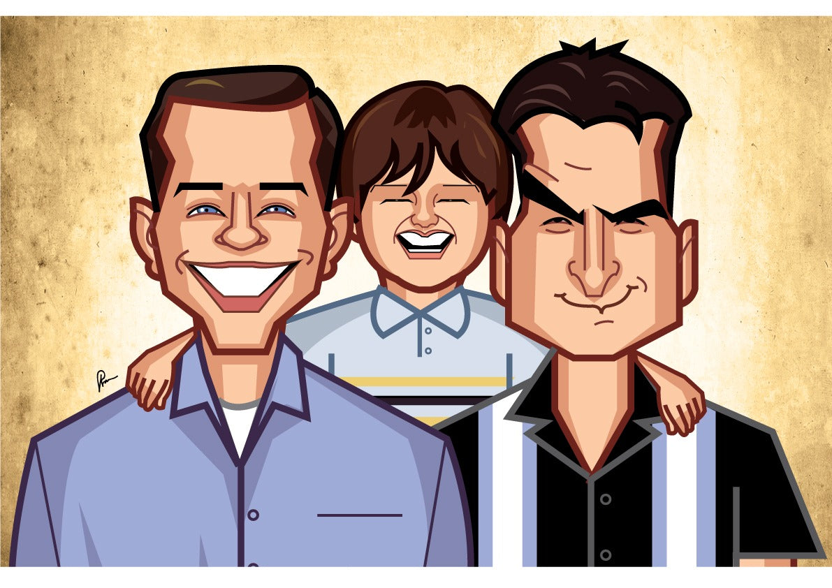Limited edition Two and a Half Men wall art inspired by the iconic sitcom in modern pop culture illustration style