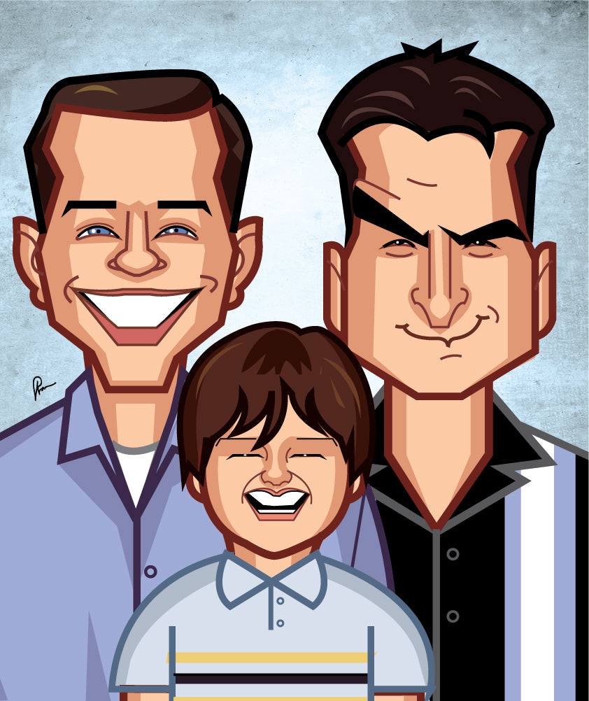 Two and a Half Men tribute wall art featuring Charlie Harper, Alan Harper and Jake in caricature style signed collectible print