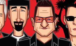 U2 rock band caricature print featuring Bono, The Edge, Adam Clayton and Larry Mullen Jr.