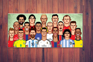 Ultimate Football Legends Squad Version 2 wall art featuring football GOATs illustrated by Prasad Bhat caricature style
