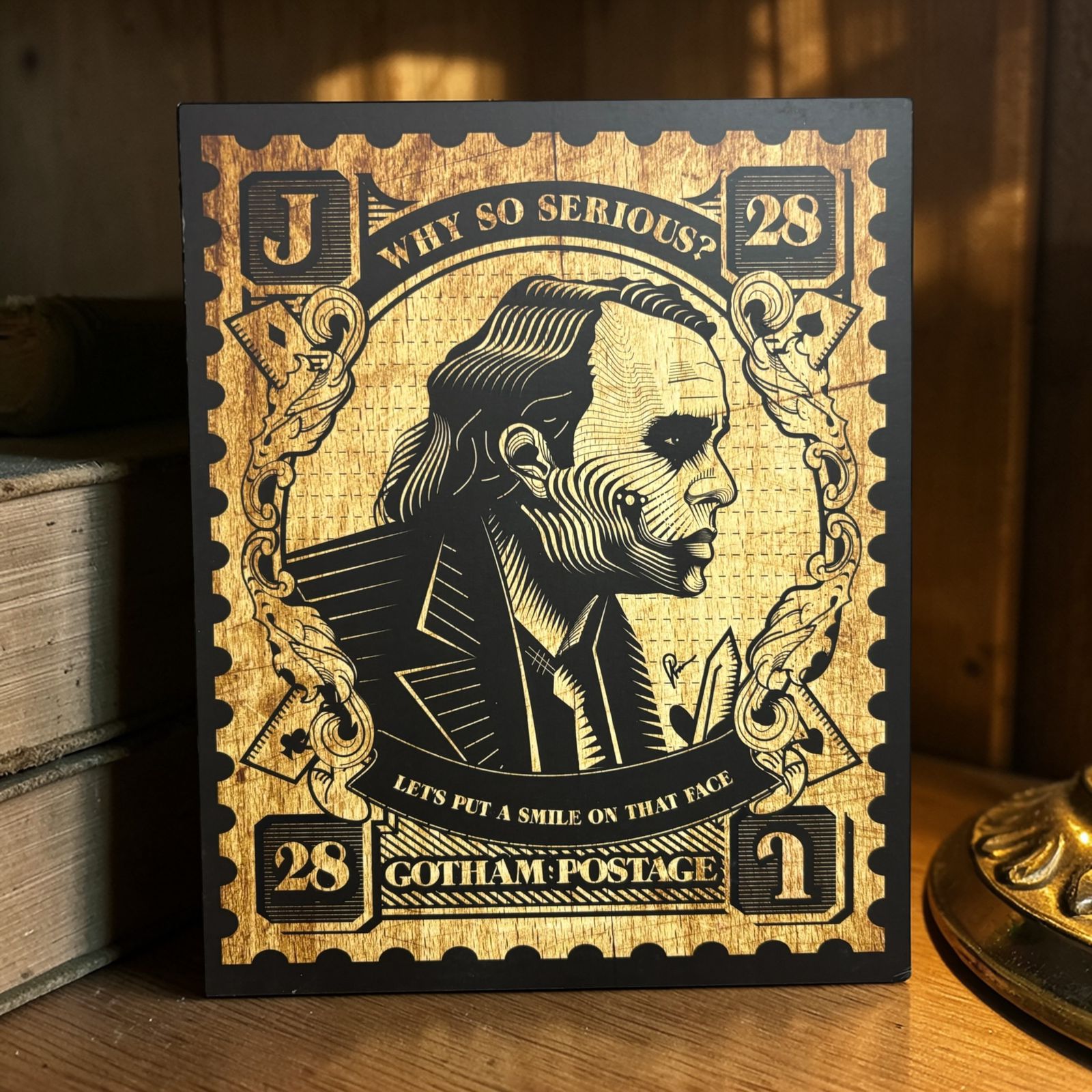 Woodcut-inspired Joker wall decor showcasing detailed linework and shading