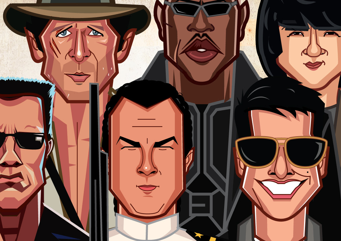 Arnold Schwarzenegger Sylvester Stallone Tom Cruise caricature wall art